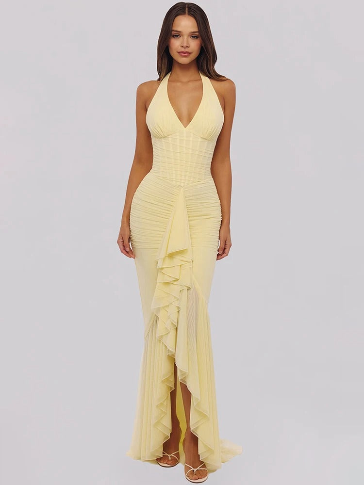 Robe longue Soleya à col licou froncée pour invités de mariage