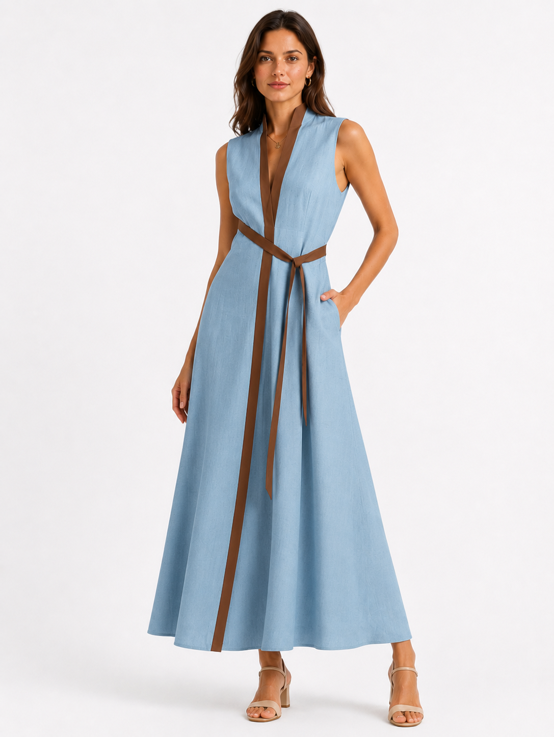 Robe midi sans manches pour femme avec col montant coupe décontractée