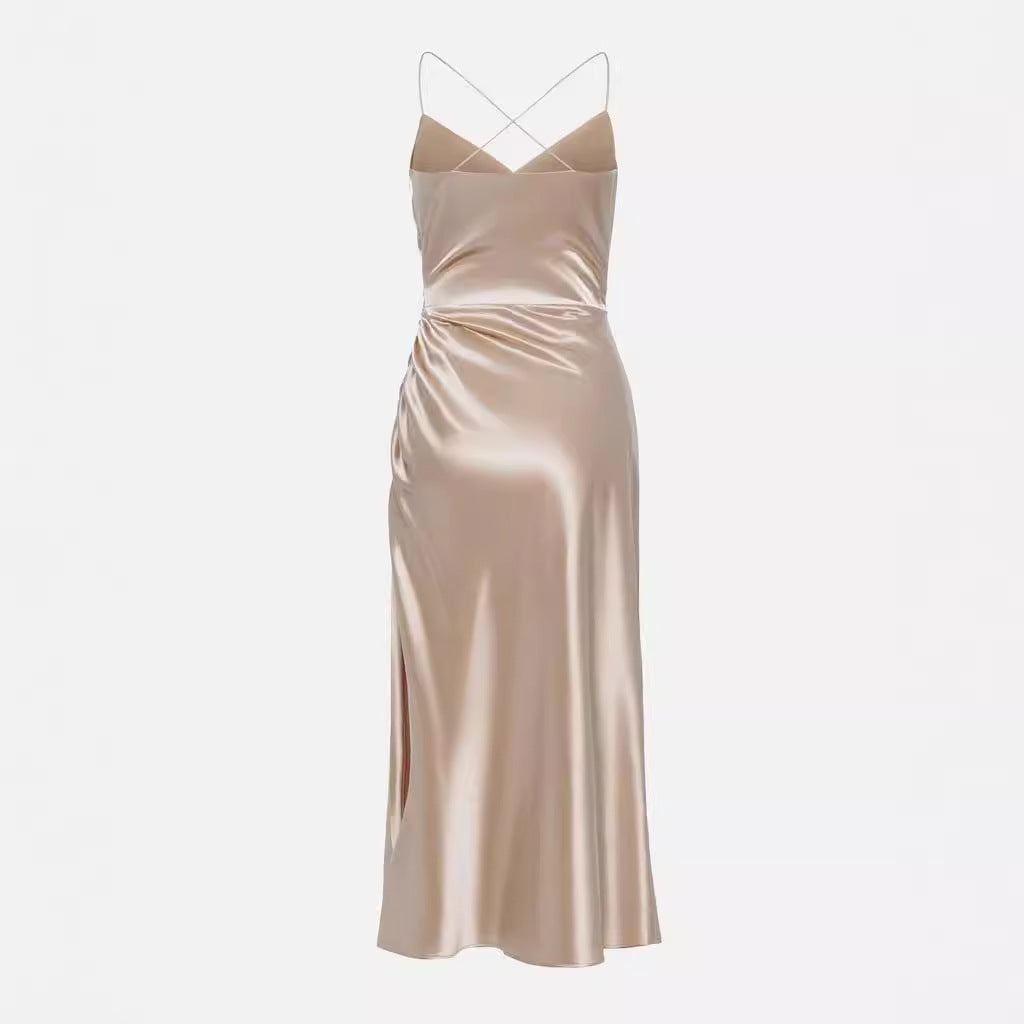 Robe Cocktail Luxueuse en Satin pour Femme avec Fente Latérale Drapée