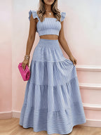 Ensemble bustier volanté floral et jupe longue évasée