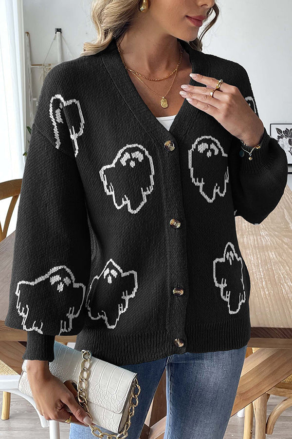 Pull en tricot confortable d'Halloween avec fantôme et boutons devant