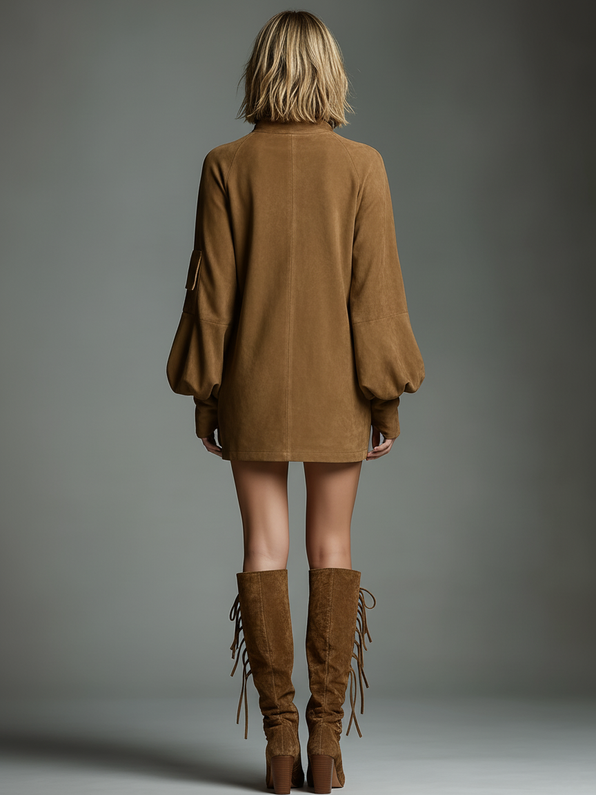 Robe mini vintage en daim à col roulé – Style chic sans effort
