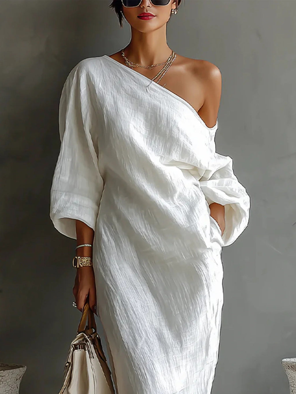 Robe Maxi en Lin à Manches Bouffantes pour Femme