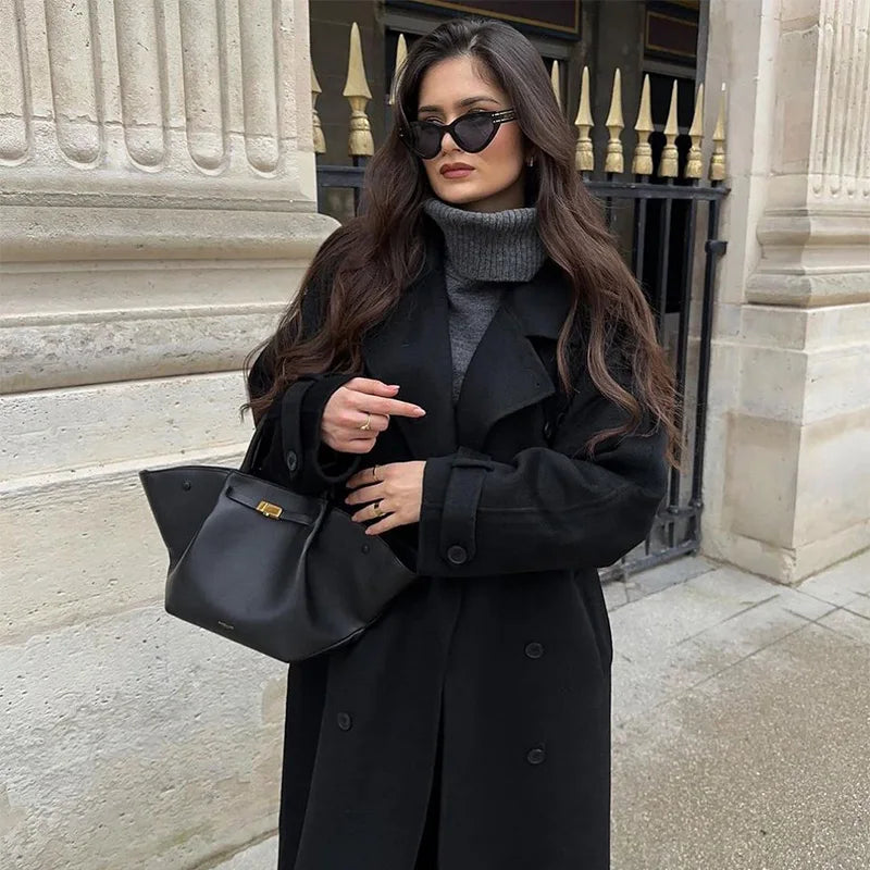 Manteau maxi ceinturé réversible avec col à revers