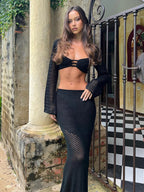 Ensemble jupe maxi 2 pièces en crochet pour femme avec haut à manches longues et découpe
