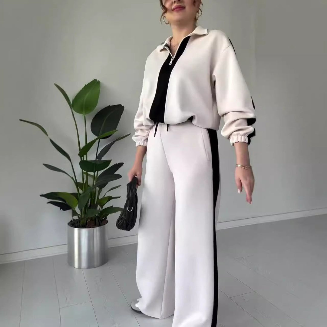 Ensemble chic 2 pièces : haut à col à zip et pantalon