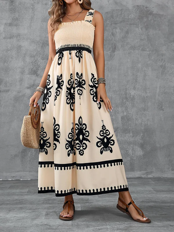 Robe Maxi Smockée à Imprimé Géométrique Artistique