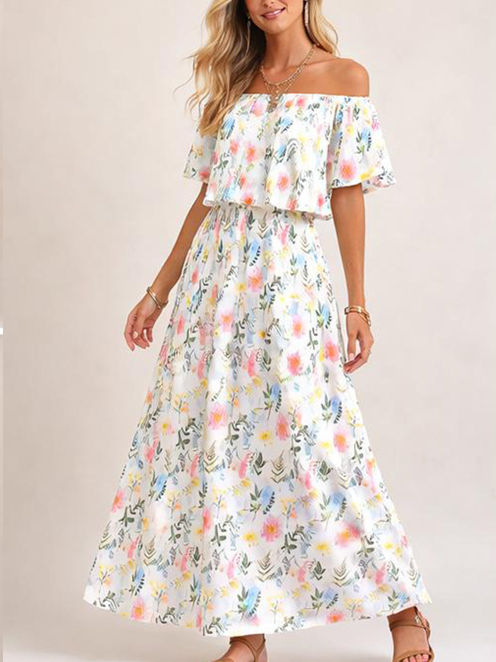 Robe maxi d'été florale pour femme à épaules dénudées