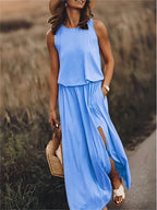 Robe longue unie femme avec tombé fluide vue de trois quarts
