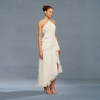 Robe mi-longue plissée blanche en forme de rose thé pour femmes