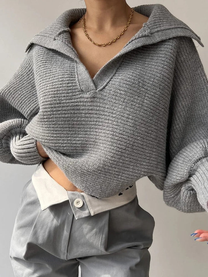 Pull en tricot col ouvert à manches lanterne confortable