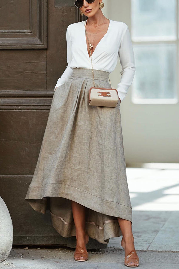 Jupe Maxi Asymétrique en Mélange de Lin avec Taille Élastique au Dos et Poches