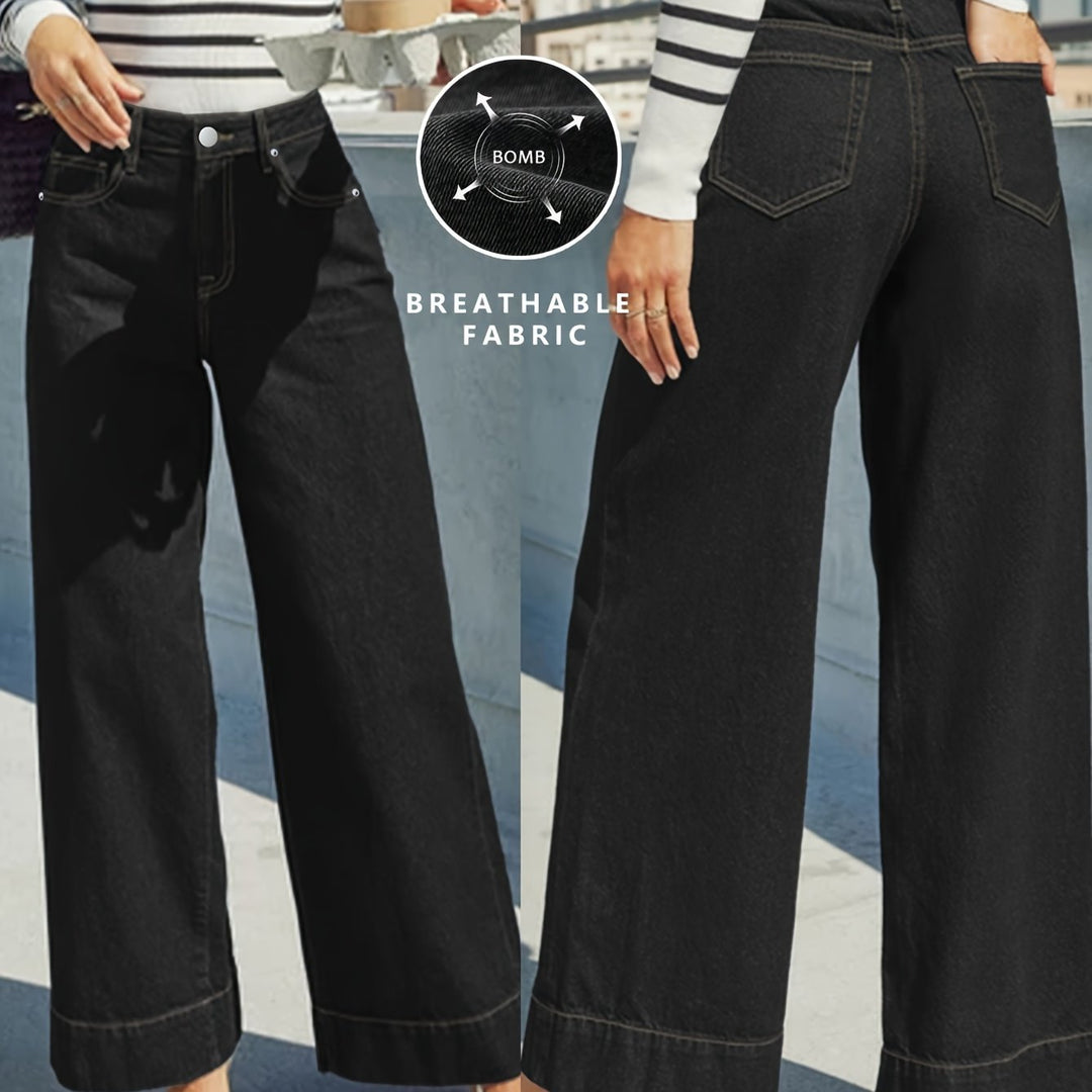Jean en denim extensible taille haute à jambes larges avec ourlet retourné