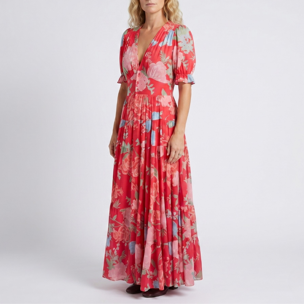 Minelda - Robe élégante à col en V avec motif floral