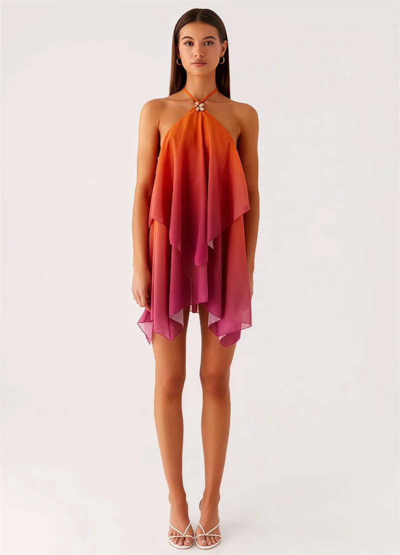 Robe courte à volants dégradé rose