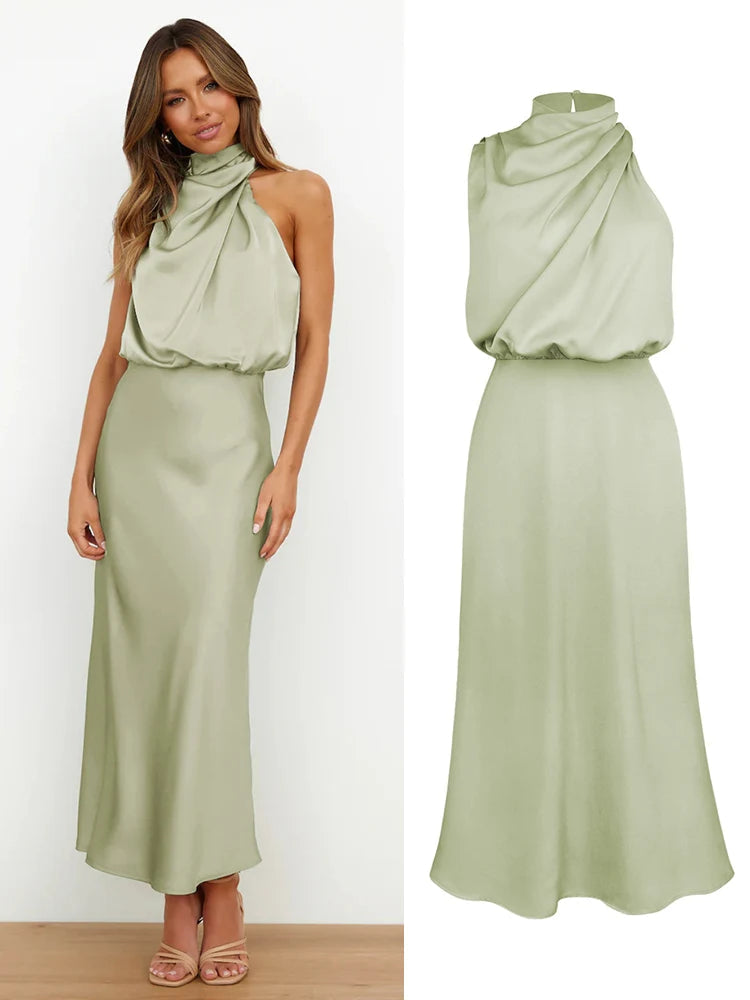 Robe midi en satin pour femme à encolure asymétrique