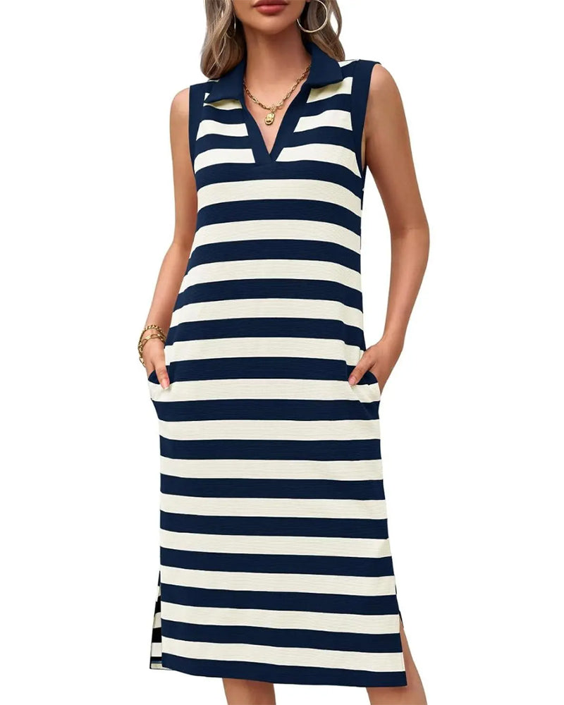 Robe midi rayée pour femme avec col polo et coupe sans manches