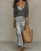 Robe Midi en Satin Elena avec Superposition de Pull Douillet