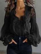 Blouse Femme en Dentelle à Manches Bouffantes Patchwork