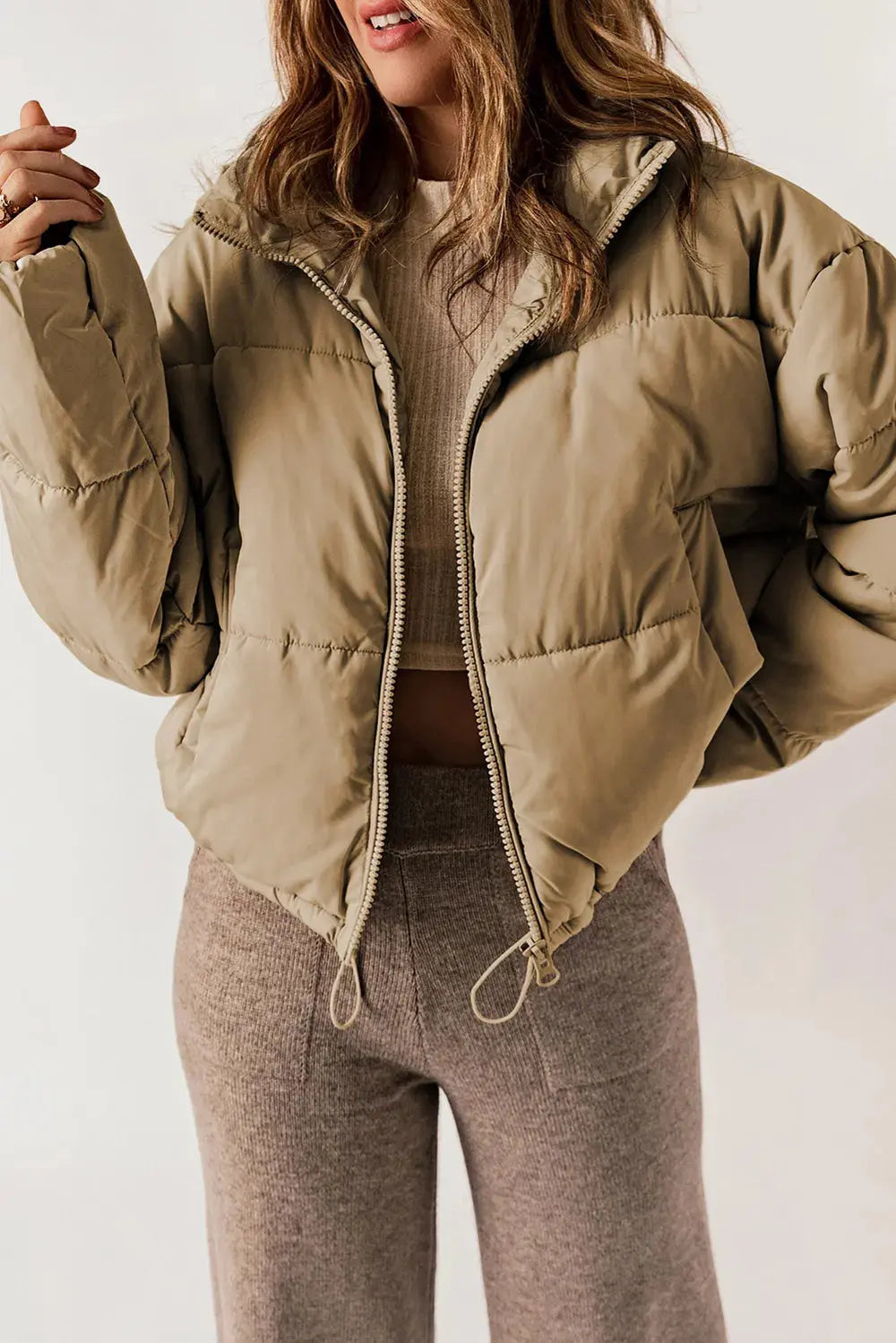 Manteau Long Chic à Col avec Fermeture Éclair pour Superposition Élégante
