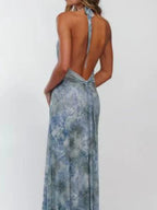 Robe longue froncée à col halter imprimé floral