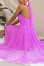 Robe longue en tulle à col licou avec détails froncés