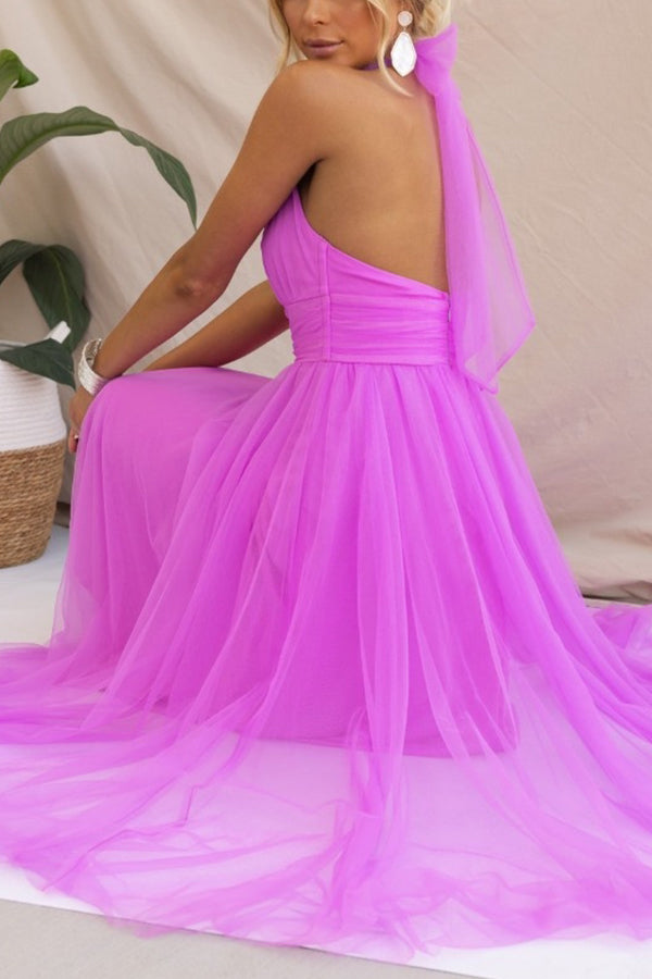 Robe longue en tulle à col licou avec détails froncés