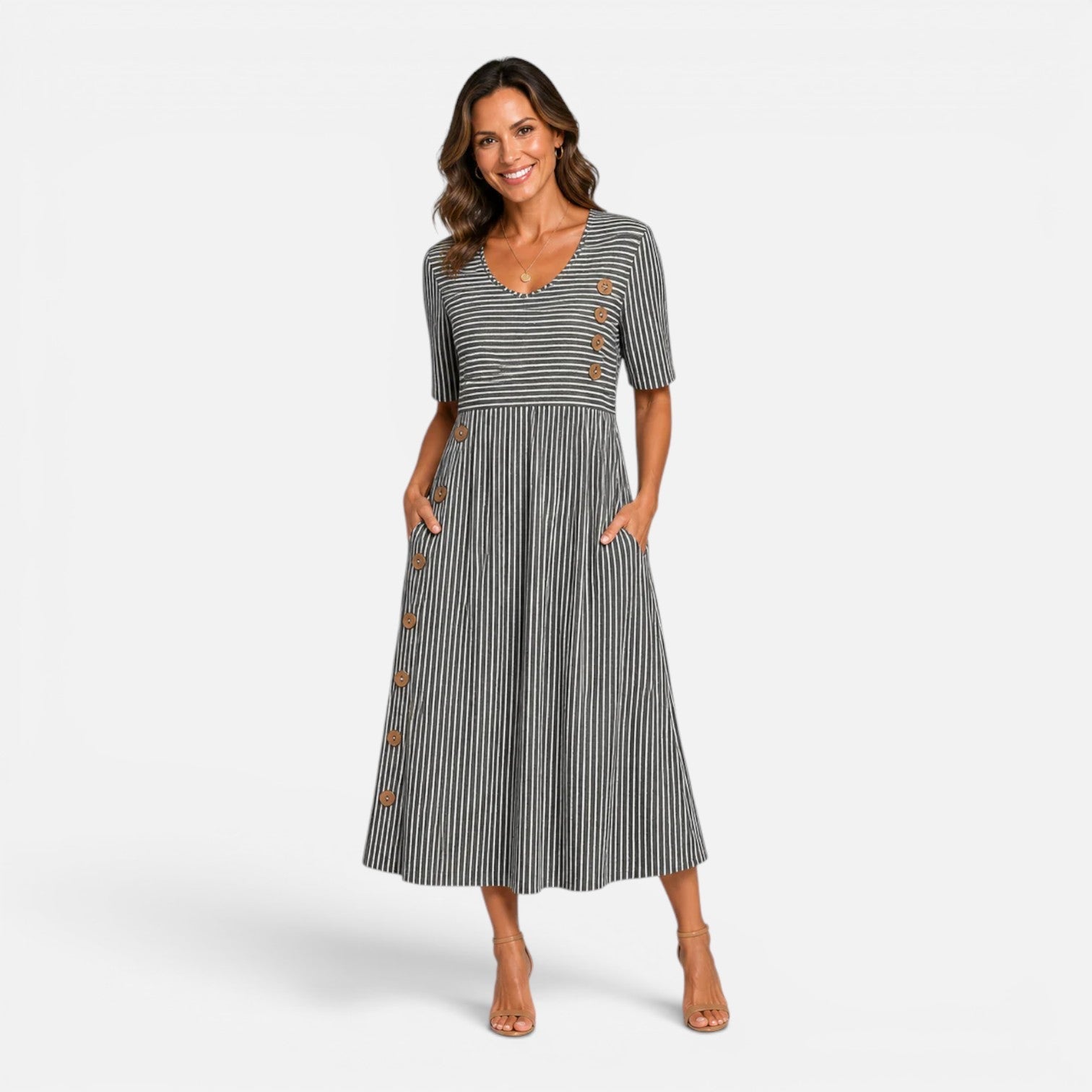 Robe Midi Rayée pour Femme avec Boutons et Poches