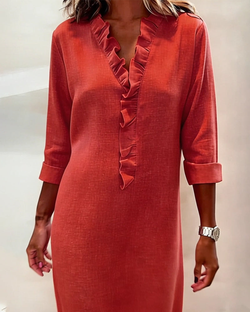 Robe droite en mélange de lin avec volants aérienne