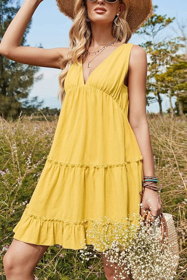 Robe courte décontractée ample sans manches à col en V uni