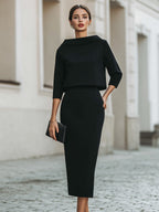 Ensemble Haut Col Bateau et Jupe Midi pour Femme