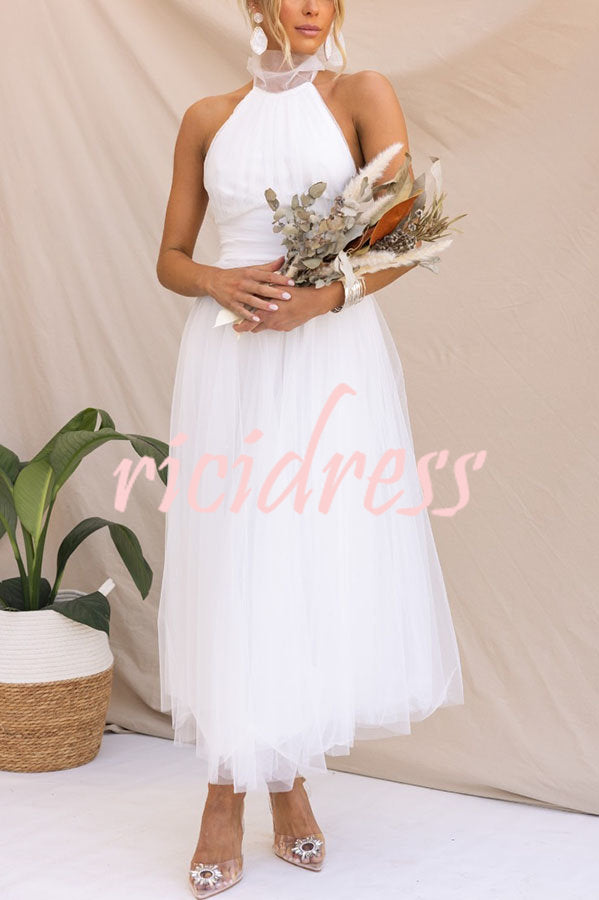 Robe longue en tulle à col licou avec détails froncés