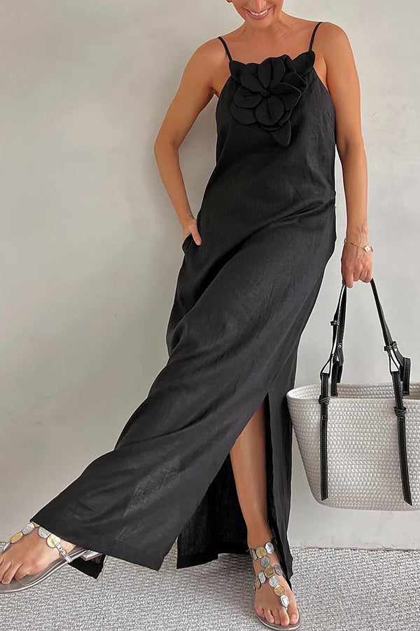 Sophie Paris | Robe maxi fendue à poches ornée de motifs floraux en mélange de lin
