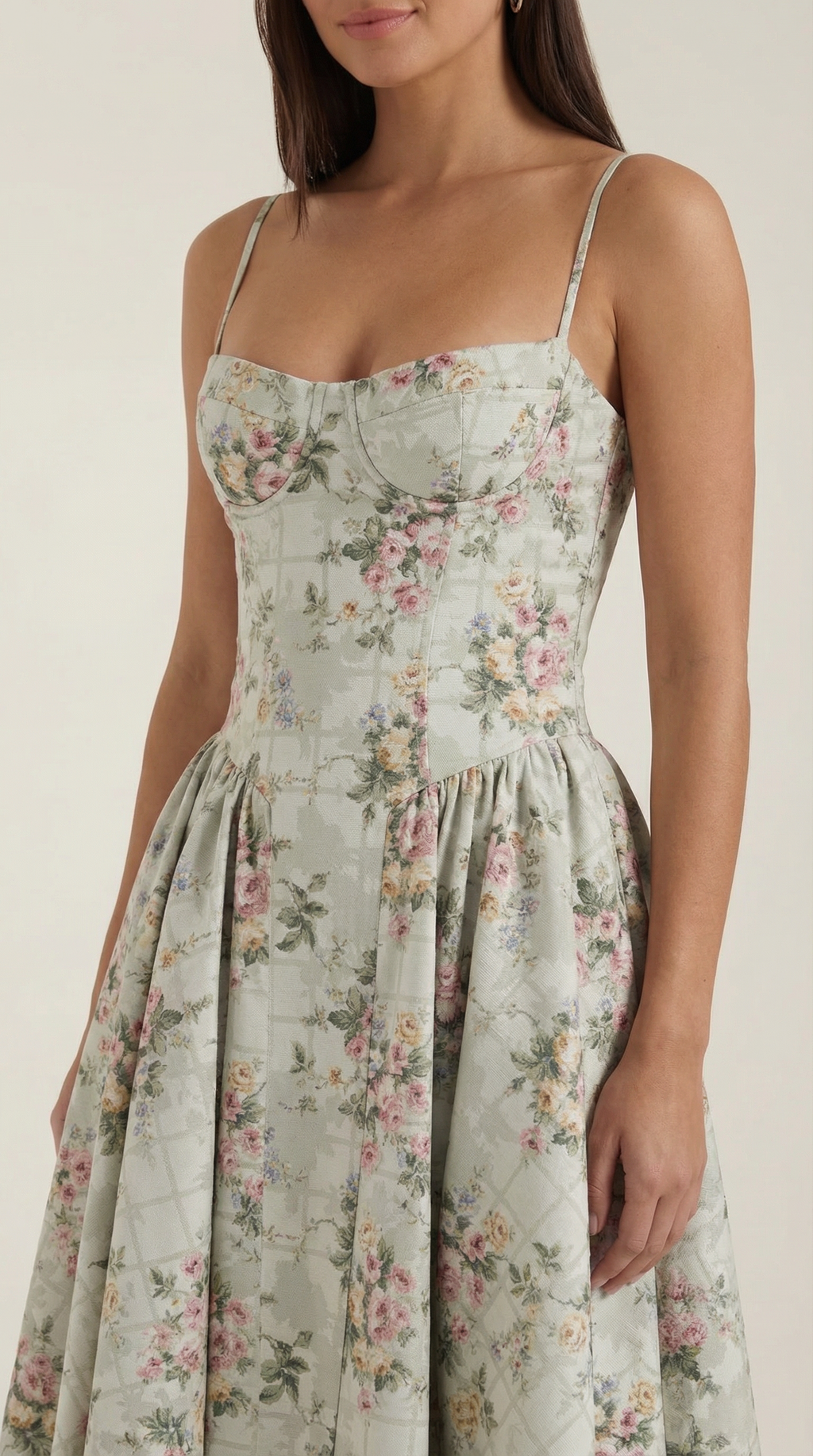 Robe mi-longue corset florale pour femme avec décolleté en cœur
