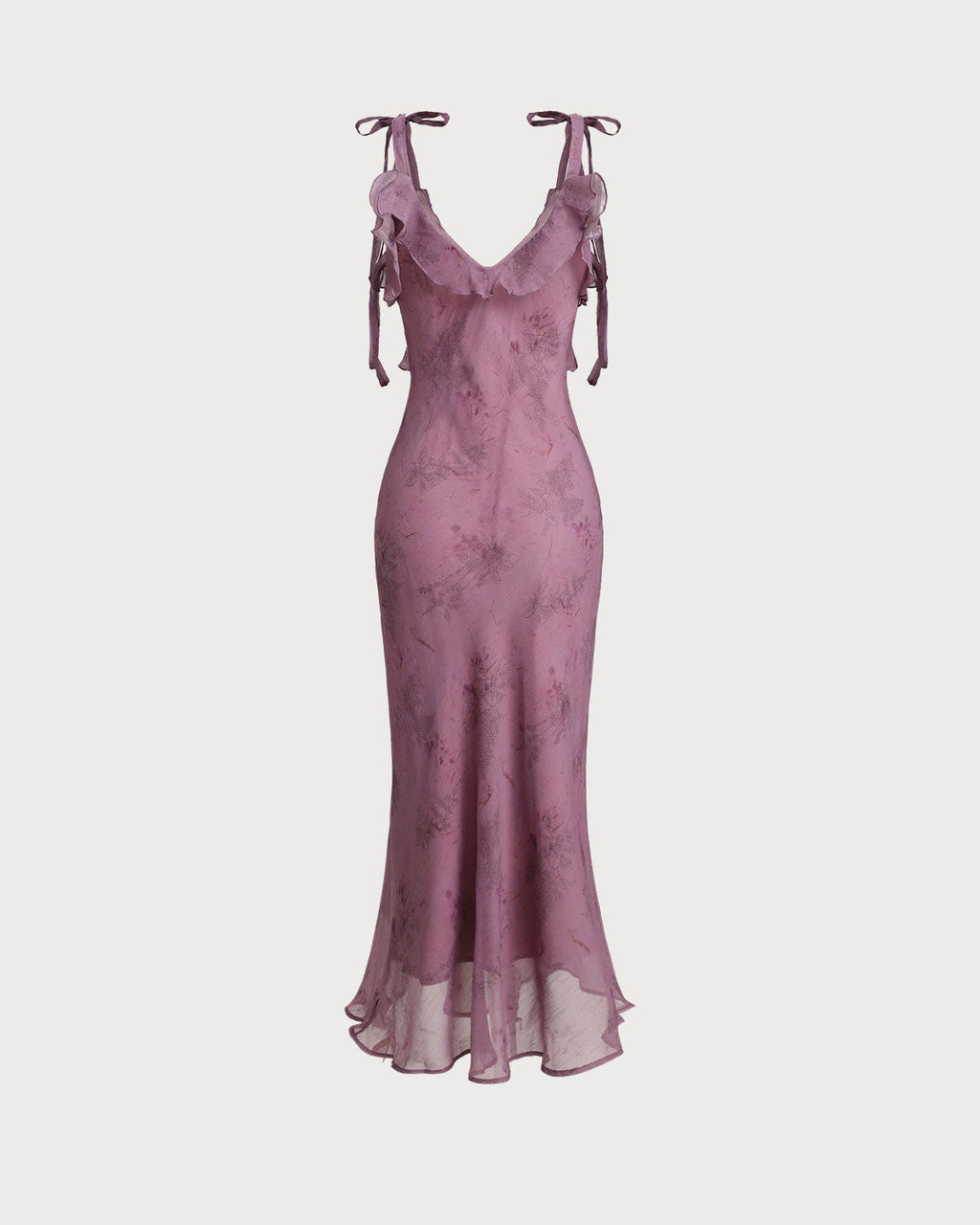 Robe midi violette à fleurs avec volants et bretelles à nouer