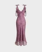 Robe midi violette à fleurs avec volants et bretelles à nouer