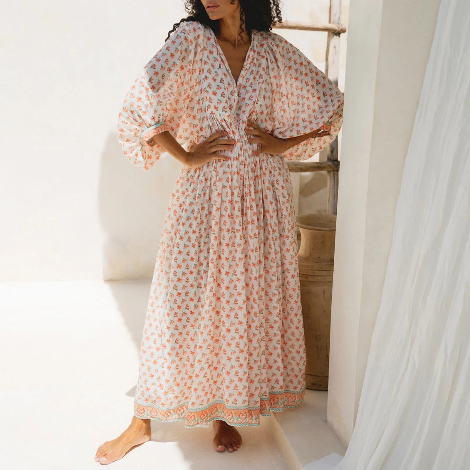 Robe Longue Bohème Femme à Manches Bouffantes - Idéale Été Élégante