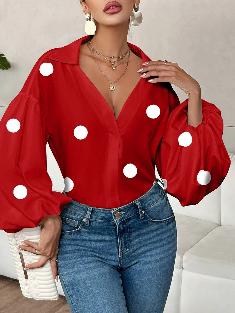 Blouse Femme À Pois Plissée Coupe Ample À Col Tailleur