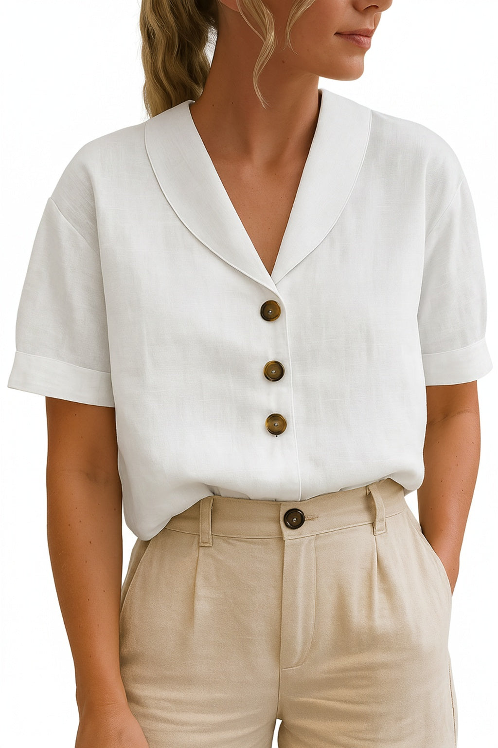 Blouse femme manches courtes avec col foulard et détails à boutons