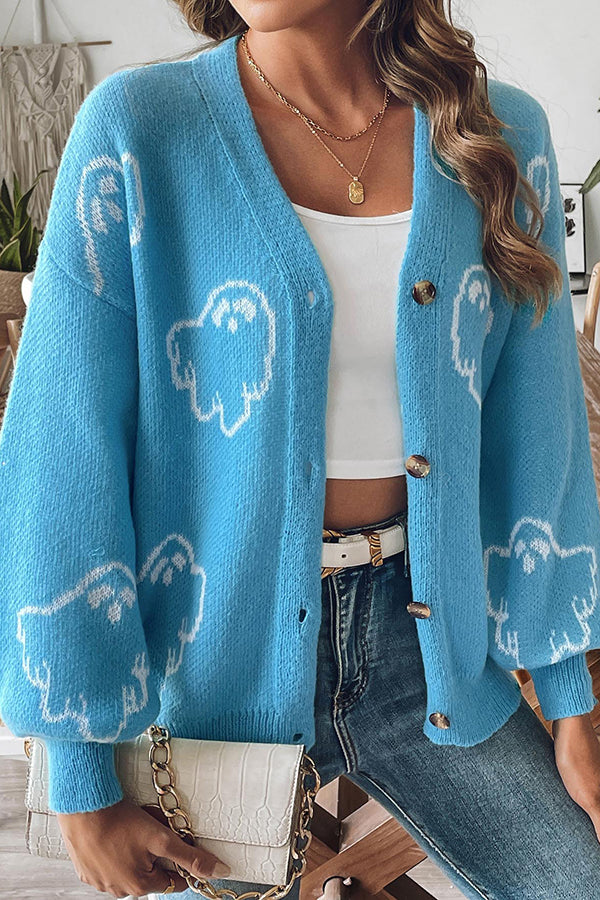 Pull en tricot confortable d'Halloween avec fantôme et boutons devant