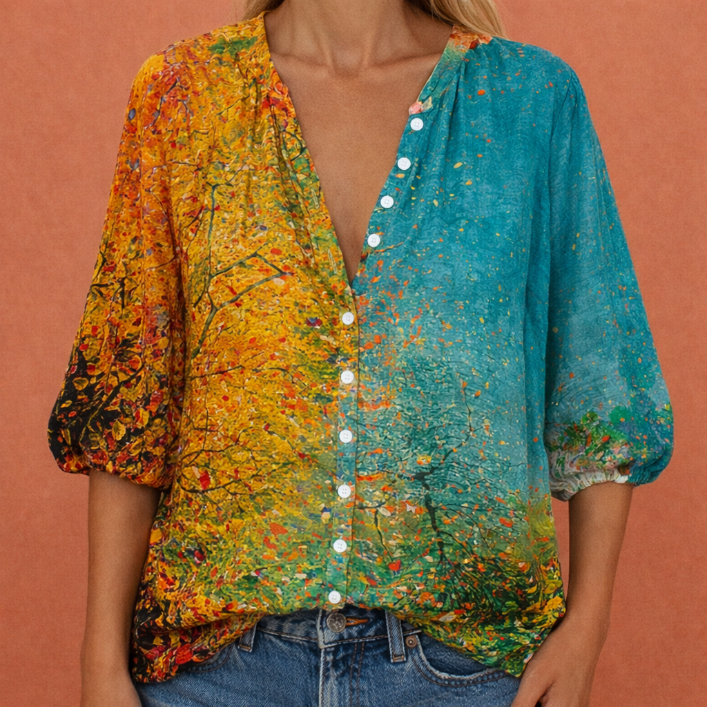 Blouse boutonnée imprimée à col en V pour femmes