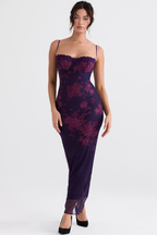 Robe longue moulante en maille florale violette