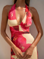 Robe longue froncée à col halter imprimé floral