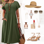 Robe mi-longue plissée à manches courtes avec poches