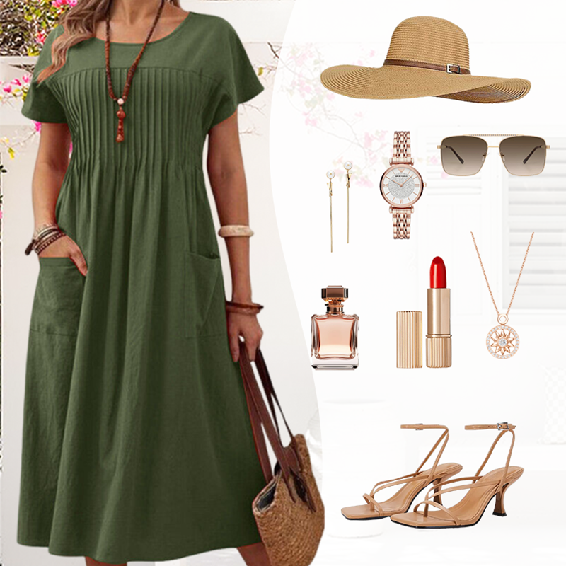 Robe mi-longue plissée à manches courtes avec poches