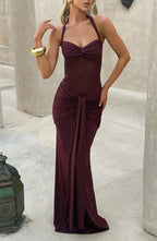 Robe longue moulante drapée à col halter robe de soirée sculptante