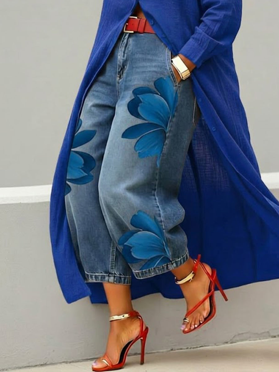 Jean en denim à imprimé artistique décontracté