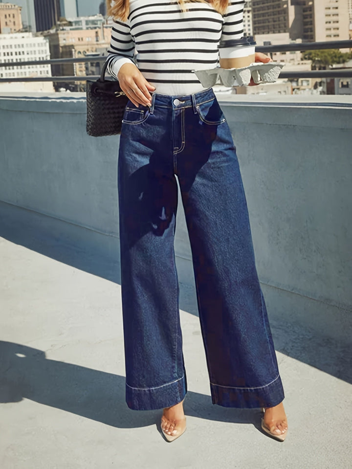 Jean en denim extensible taille haute à jambes larges avec ourlet retourné