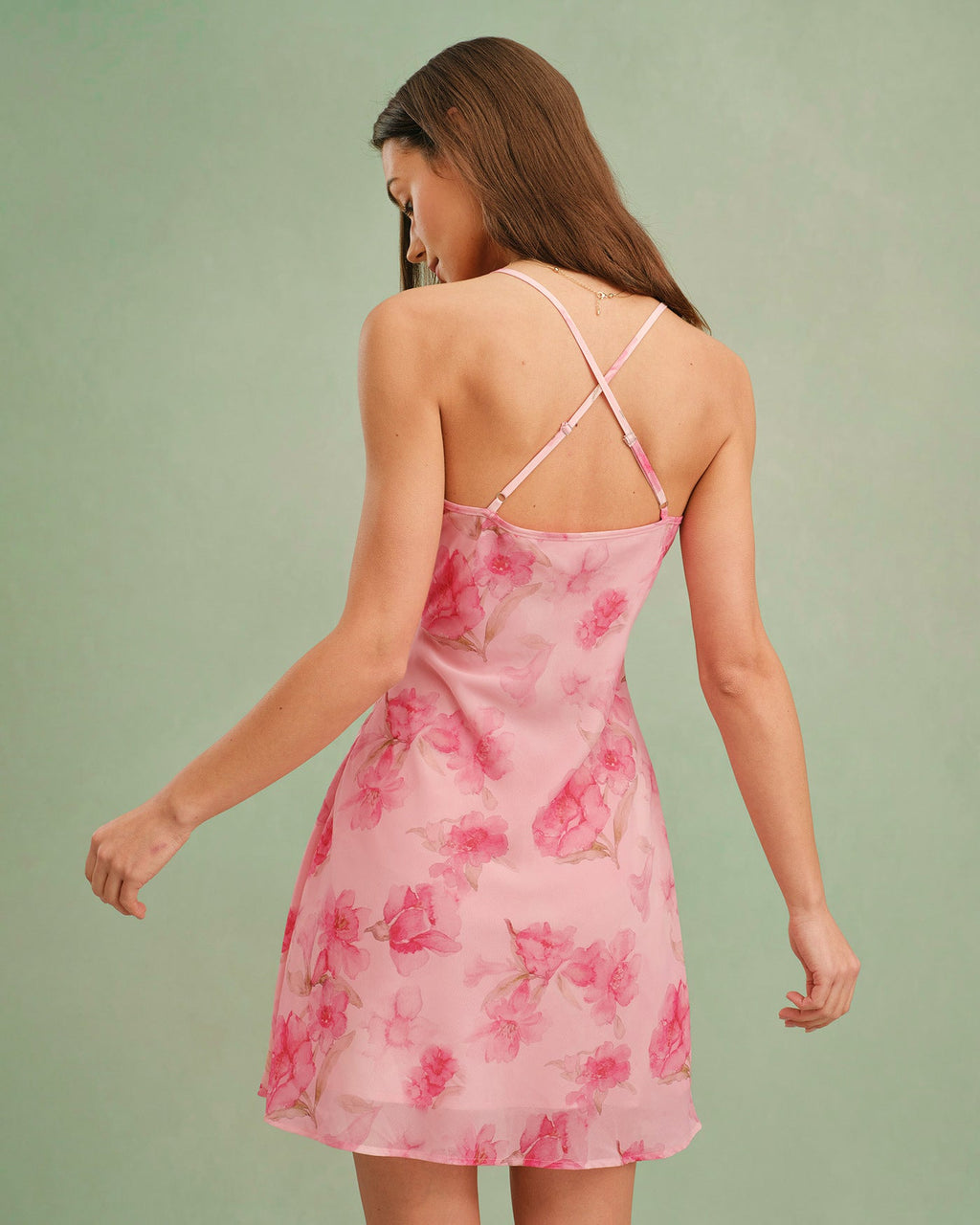 Robe mini nuisette rose à col bénitier et imprimé floral