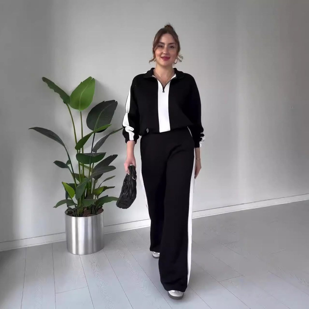 Ensemble chic 2 pièces : haut à col à zip et pantalon